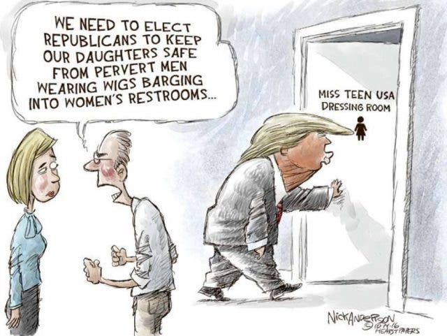 "Necesitamos [políticos] conservadores que mantengan a nuestras hijas a salvo de hombres pervertidos usando pelucas que quieren entran en los baños de mujeres" (Vía huffingtonpost.tumblr.com)
