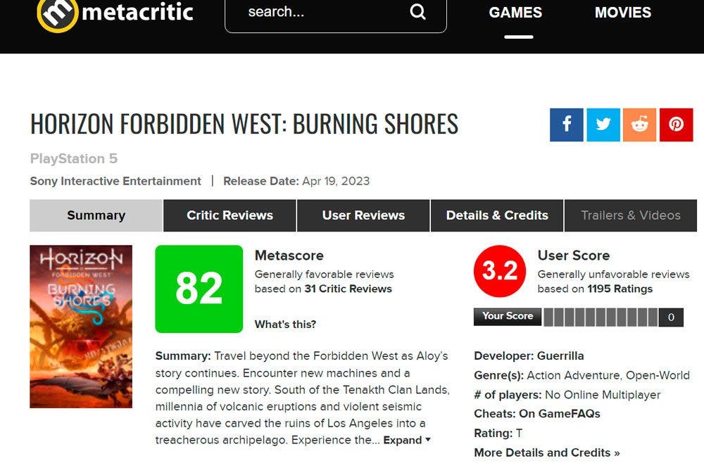 Calificación de Horizon Forbidden West en Metacritic